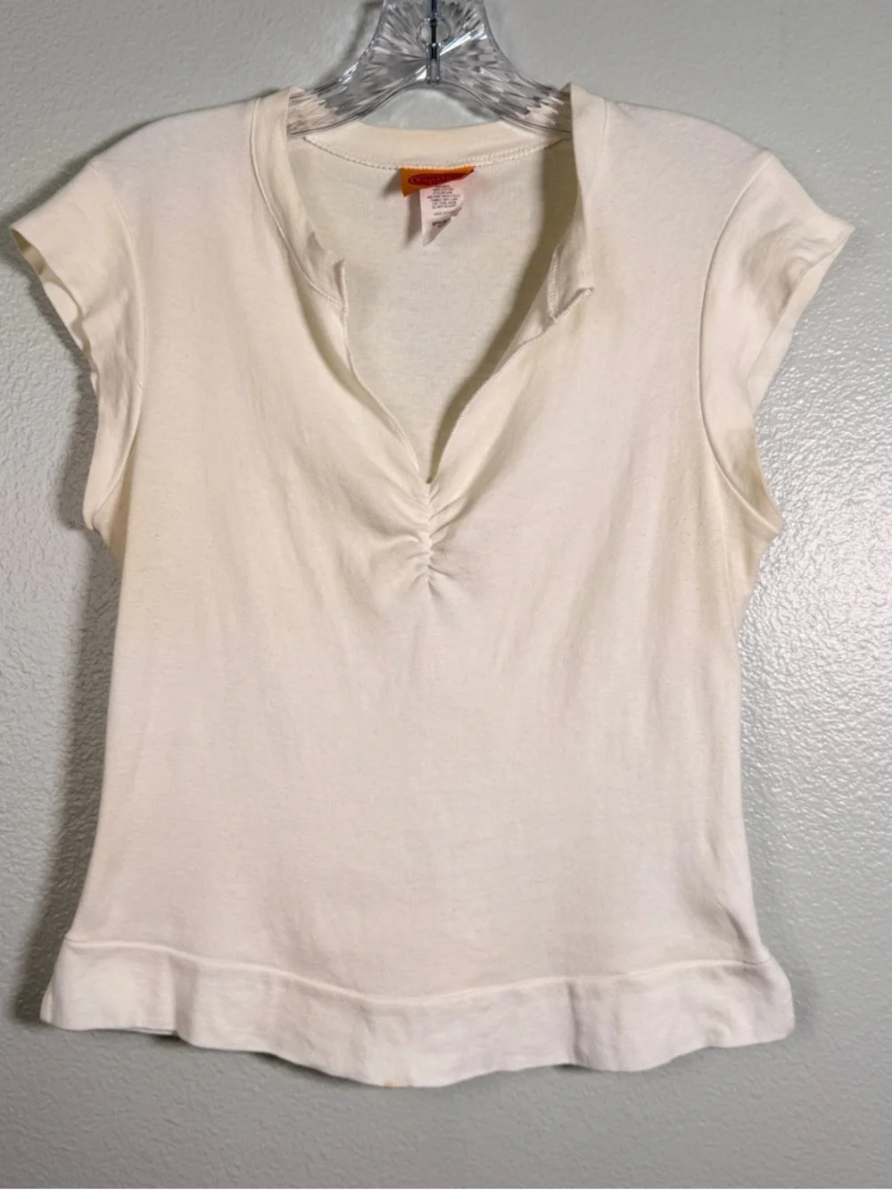 Y2K Outlaw USA Cap Sleeve Knit ~AUTH Off White V-Neck Ruched Front Cotton Top XL